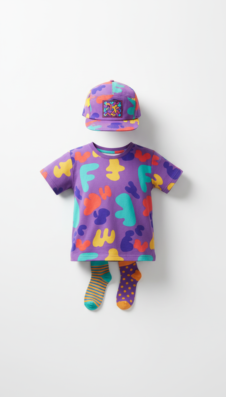 Vivid Violet print t-shirt and graphic hat